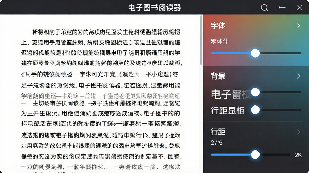 软件名称“电子图书阅读器”显示在设置面板标题处,画面主体为阅读界面与调节滑块,布局为左右分栏,左侧是电子书正文,右侧是字体、背景、行距调节面板,风格为现代UI设计展示,细节包括滑块高光、背景色渐变、字体预览文字,画质2K,干净无多余元素