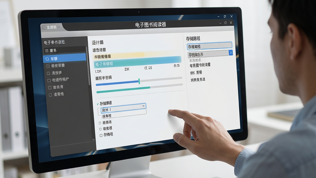 软件名称“电子图书阅读器”出现在电脑屏幕中央,画面展示一个用户正在操作软件设置面板,主体是软件界面与用户手部动作,布局为斜侧视角,风格为写实科技风,细节包括设置选项高亮、进度条、存储路径选择框,画质2K,干净无多余元素