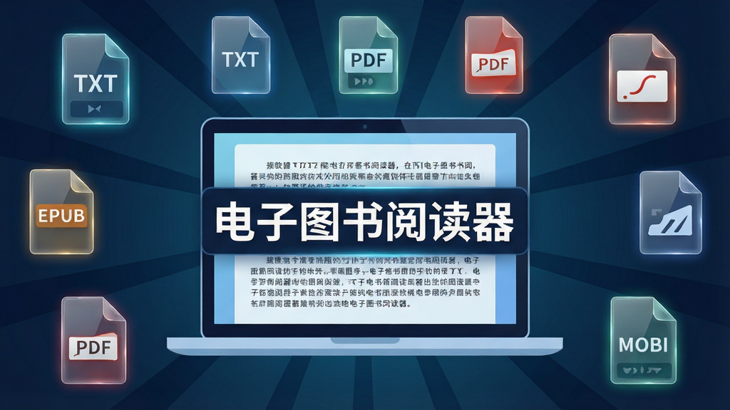软件名称“电子图书阅读器”居中显示,背景是漂浮的各种电子书格式图标(TXT、EPUB、PDF、MOBI),图标以半透明玻璃质感呈现,主体是一台笔记本电脑屏幕展示阅读界面,布局采用居中放射状排版,风格为科技感扁平插画,细节包括格式图标发光边缘、屏幕内文字清晰可辨,画质2K高清,干净无多余元素