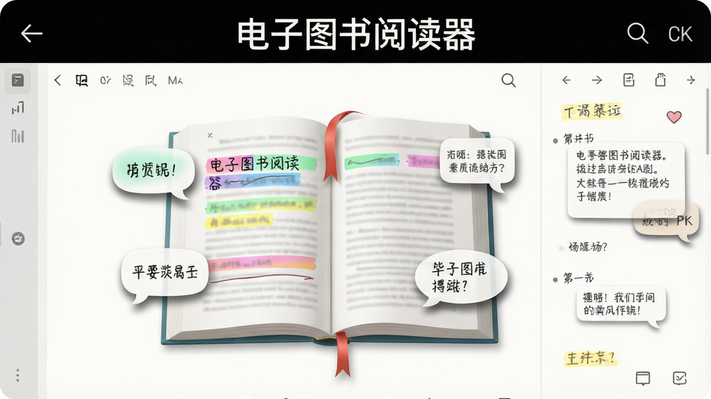 软件名称“电子图书阅读器”出现在笔记面板顶部,画面展示一本打开的书,书页上有高亮标记和批注气泡,主体是书本与笔记面板,布局为居中展示,风格为清新学习风,细节包括高亮颜色渐变、批注框阴影、书签丝带,画质4K,干净无多余元素