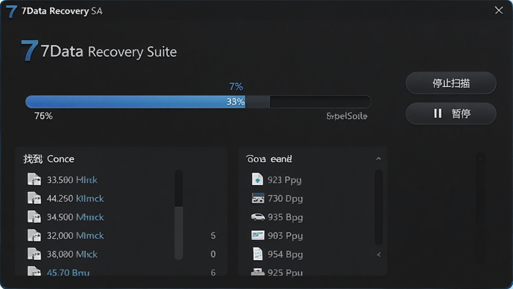 ������Ļ����ʾ 7Data Recovery Suite ��ɨ����Ƚ��棬��������ʾ�ٷ�֮��ʮ���·��г����ҵ����ļ�����������ͳ�ƣ������Ҳ��С�ֹͣɨ�衱�͡���ͣ����ť������Ϊ��ɫ���⣬���Ƽ��У������������ɾ����޶���Ԫ�ء�