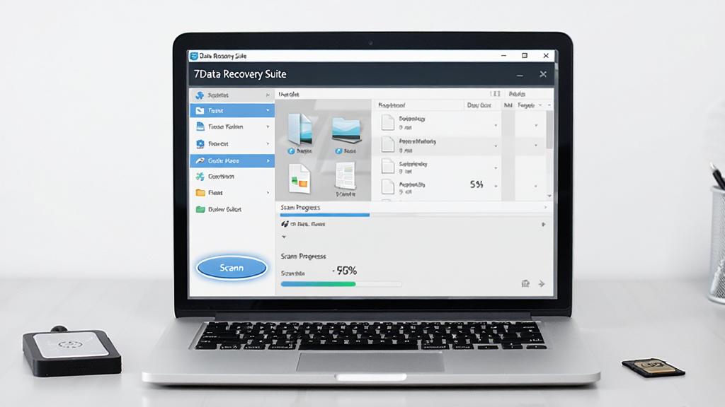 һ̨�򿪵ıʼǱ����Է�������İ칫�����ϣ���Ļ����ʾ 7Data Recovery Suite ���������棬�������Ϊ����ģ�鵼�����Ҳ�Ϊ�����б���ɨ��������������԰ڷ���һ���ƶ�Ӳ�̺�һ��SD�������岼�־��жԳƣ����Ϊ�ִ��Ƽ��У�ϸ�ڰ�����ɫ������ɨ�谴ť���ļ�����ͼ�ꡢ���Ȱٷֱ����֣������������ɾ����޶���Ԫ�ء�
