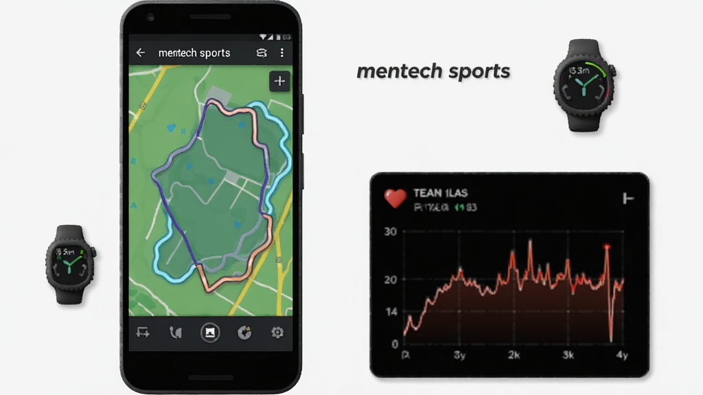 一张展示mentech sports在安卓手机上运行流畅的示意图,画面中手机屏幕显示运动轨迹地图和心率曲线,旁边有智能手表同步图标,背景为浅灰白色,风格干净简约,图中文字标注“mentech sports”,画质清晰,无多余元素