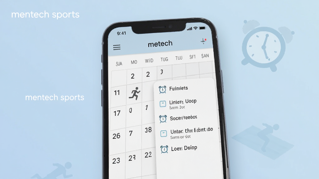 一张展示mentech sports训练计划与提醒功能的图片,画面中手机屏幕显示日历视图和待办事项列表,带有跑步小人图标和闹钟图标,背景为淡蓝色,风格柔和清新,图中文字标注“mentech sports”,画质干净,无多余装饰