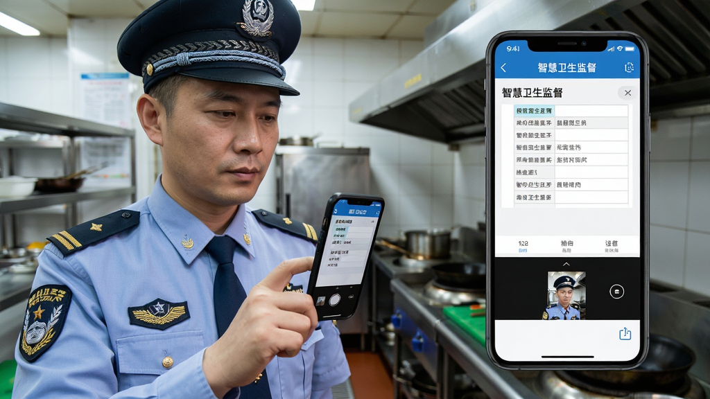 一张展示智慧卫生监督移动执法现场记录功能的AI生图,画面主体为一名卫生监督员在餐厅后厨使用手机进行拍照取证,手机屏幕显示“智慧卫生监督”应用中的检查表与拍照界面,布局采用三分法构图,监督员位于画面左侧,右侧展示手机屏幕内容,风格为纪实摄影风,细节上监督员身着制服、手持手机、表情专注,背景有厨房设备,画质高清、干净、无多余元素