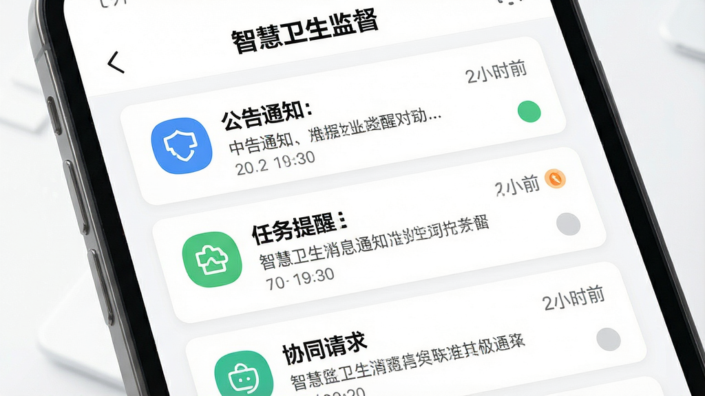 一张展示智慧卫生监督消息通知与协同联动功能的AI生图,画面主体为手机屏幕特写,屏幕上显示“智慧卫生监督”的消息中心界面,包含公告通知、任务提醒与协同请求三类消息卡片,布局采用垂直列表构图,风格为清爽移动端UI风,细节上消息卡片带有图标、时间戳与未读标记,背景为白色,画质高清、干净、无多余元素