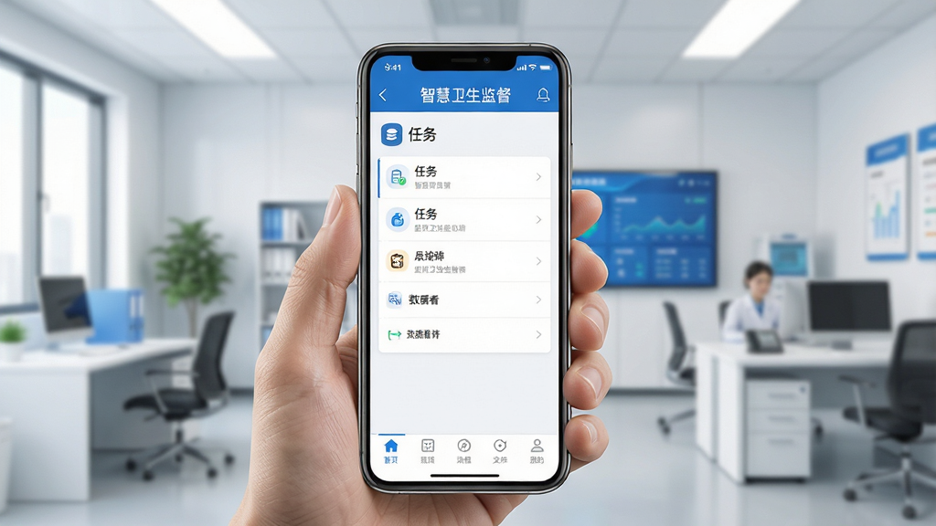一张展示智慧卫生监督移动应用界面的场景图,画面中央是手持智能手机的特写,手机屏幕上清晰显示“智慧卫生监督”应用主界面,包含任务列表、数据看板与导航栏,背景为简洁的现代化卫生监督办公环境,布局采用中心构图突出手机屏幕,排版整齐干净,风格为写实商务科技风,细节上手机界面图标清晰、色彩以蓝白为主,画质高清、干净、无多余元素