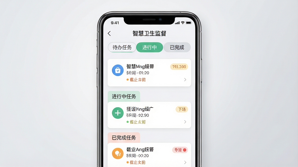 一张展示智慧卫生监督任务管理功能的AI生图,画面主体为手机屏幕特写,屏幕上显示“智慧卫生监督”的任务列表界面,包含待办任务、进行中任务与已完成任务分类标签,布局采用居中对称构图,风格为扁平化UI设计展示风,细节上任务卡片带有图标、截止时间与优先级标识,背景为浅灰色渐变,画质高清、干净、无多余元素
