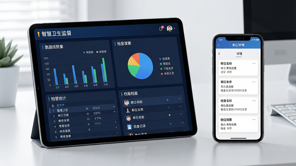一张展示智慧卫生监督数据查询与档案调阅功能的AI生图,画面主体为平板电脑与手机并排展示,平板屏幕上显示“智慧卫生监督”的数据统计图表与档案列表,手机屏幕上显示单位详情页,布局采用左右对比构图,风格为现代商务数据可视化风,细节上图表包含柱状图与饼图、档案卡片有单位名称与检查记录,背景为简洁办公桌面,画质高清、干净、无多余元素