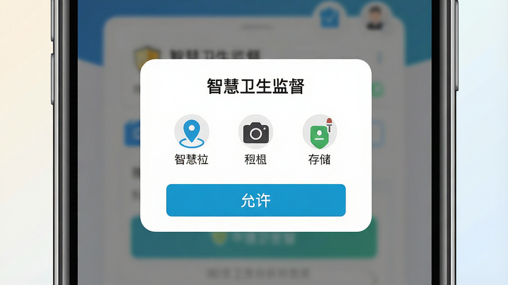 一张展示智慧卫生监督新手操作指引的AI生图,画面主体为手机屏幕特写,屏幕上显示“智慧卫生监督”的权限授权弹窗与登录界面,布局采用居中构图,风格为移动端UI展示风,细节上弹窗包含定位、相机、存储三个权限图标与允许按钮,背景为浅色渐变,画质高清、干净、无多余元素