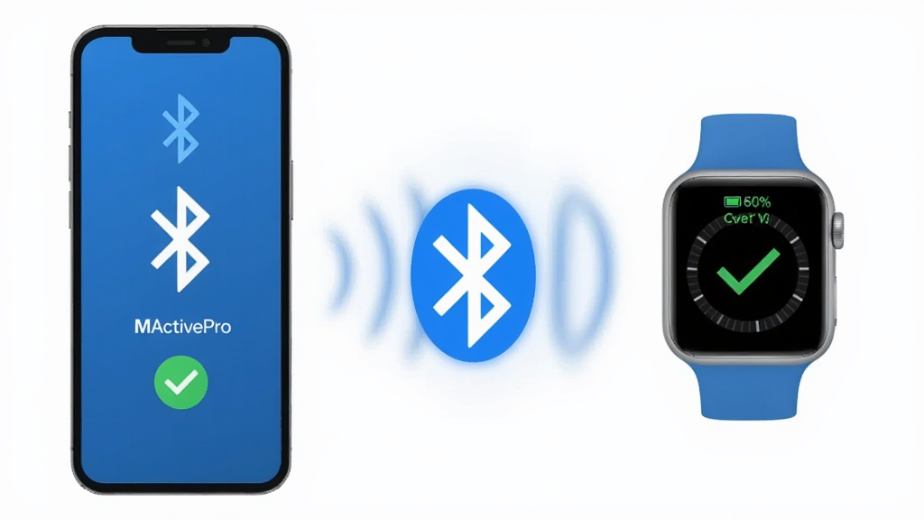 一张 MActivePro 一键连接功能的视觉图,主体是一部手机与智能手表通过蓝牙波纹连接;布局为左右对称,手机在左,手表在右,中间用蓝色光波连接;排版居中;风格为扁平化科技风;细节有蓝牙标志、电量百分比、连接成功对勾;画质清晰,干净,无多余元素。