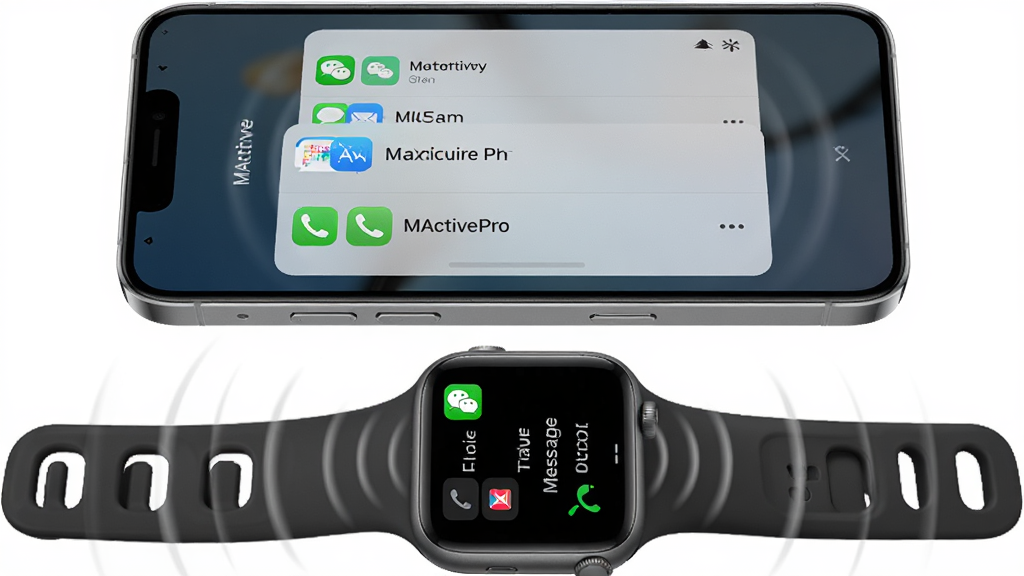 一张展示 MActivePro 消息同步功能的示意图,主体为手机屏幕弹出通知,同时智能手表屏幕同步显示相同消息;布局为上下结构,上方手机,下方手表;排版清晰;风格为写实数码风;细节包含微信图标、短信图标、来电图标,手表振动波纹;画质高清,干净,无多余元素。