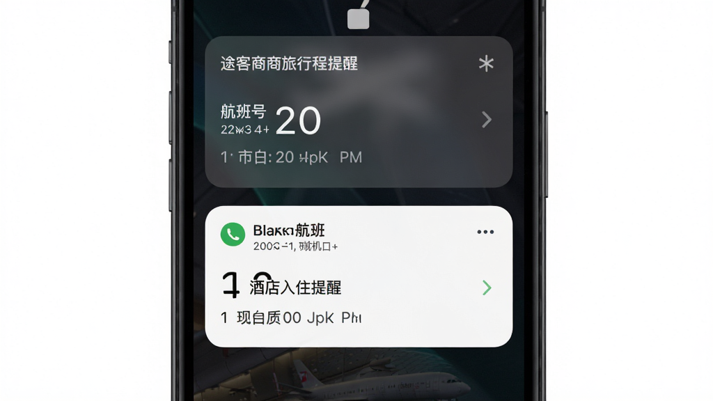 途客商旅行程提醒功能界面图,主体为手机锁屏通知界面,显示航班动态提醒与酒店入住提醒卡片,布局为上下排列,排版简洁明了,风格清爽现代,细节包含时间戳、航班号、登机口信息,画质高清干净,背景为深色锁屏壁纸,无多余元素