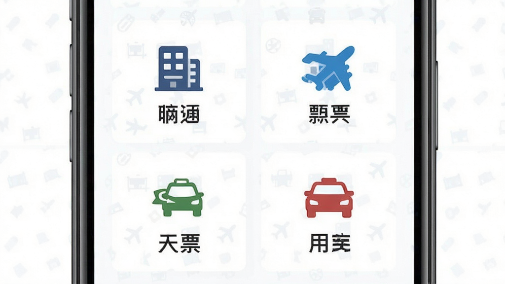 途客商旅一站式预订功能展示图,主体为手机屏幕内呈现酒店、机票、火车票、用车四个功能模块入口,布局采用2乘2网格排列,排版对称工整,风格扁平化商务风,细节包含各模块配有小图标与文字标签,画质高清干净,背景为纯白色,无多余装饰元素