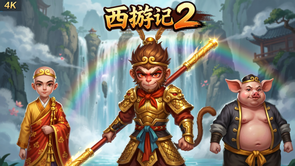 主体为少年西游记2游戏主界面截图风格插画,布局采用中心对称构图,中央放置一位身穿金甲手持金箍棒的少年孙悟空形象,左右两侧分别站立少年唐僧与少年猪八戒,背景为云雾缭绕的花果山水帘洞场景,排版上方预留游戏标题区域,风格为国风二次元卡牌手游宣传图,细节包含角色服饰纹理、金箍棒金属光泽、水帘洞瀑布水流与彩虹光效,画质要求4K高清、干净、无多余元素