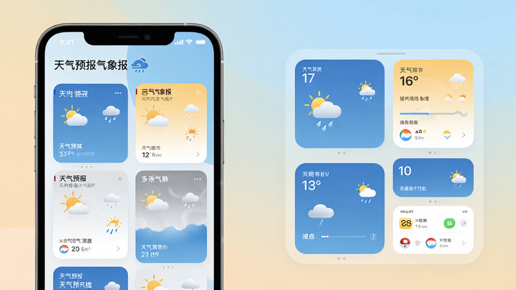 天气预报气象报的多城市管理界面与桌面小组件展示,手机屏幕上有多个城市天气卡片和不同尺寸的小组件,背景为淡雅渐变,画面中有“天气预报气象报”标识,布局清晰,风格现代,高清画质