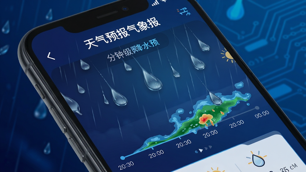 手机屏幕特写展示“天气预报气象报”的分钟级降水预报界面,画面中有雨滴动画和降水时间轴,背景为深蓝色渐变,科技感十足,布局清晰,画质干净,无多余装饰元素