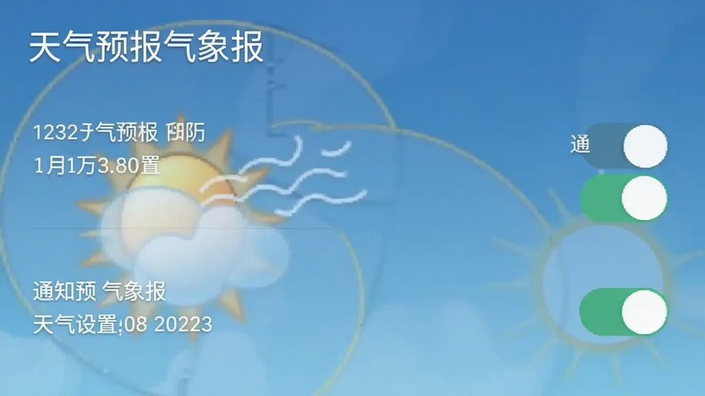 天气预报气象报在安卓手机上的安装权限设置界面截图,画面展示位置权限、通知权限开关,界面简洁明了,有“天气预报气象报”字样,风格清爽,画质干净,无多余元素