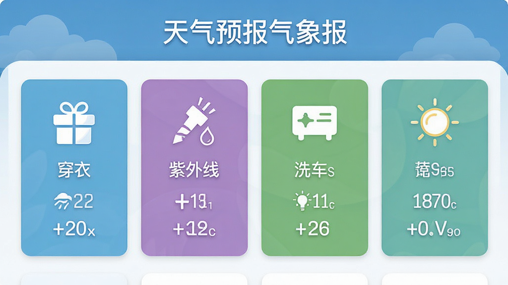 天气预报气象报的生活指数面板截图,包含穿衣、紫外线、洗车等图标和文字说明,界面采用卡片式布局,配色清新自然,画面中有“天气预报气象报”字样,细节清晰,画质干净