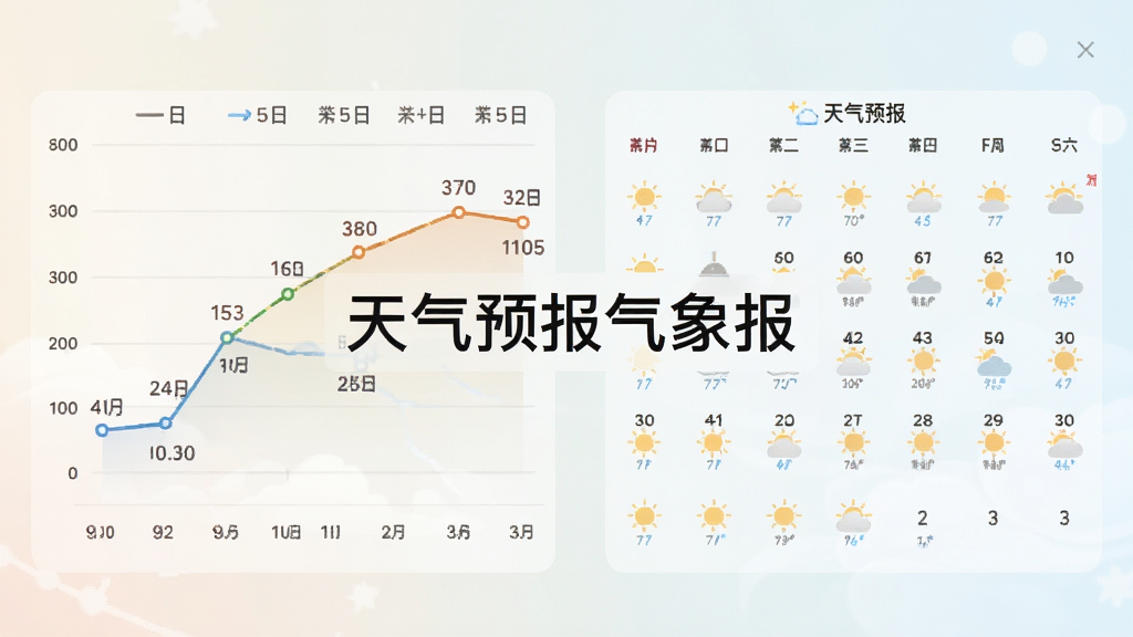 天气预报气象报的40日天气趋势图界面,折线图展示温度变化,日历视图标注每日天气图标,背景为柔和浅色,画面中间有“天气预报气象报”软件名称标识,排版整齐,风格简约,高清画质