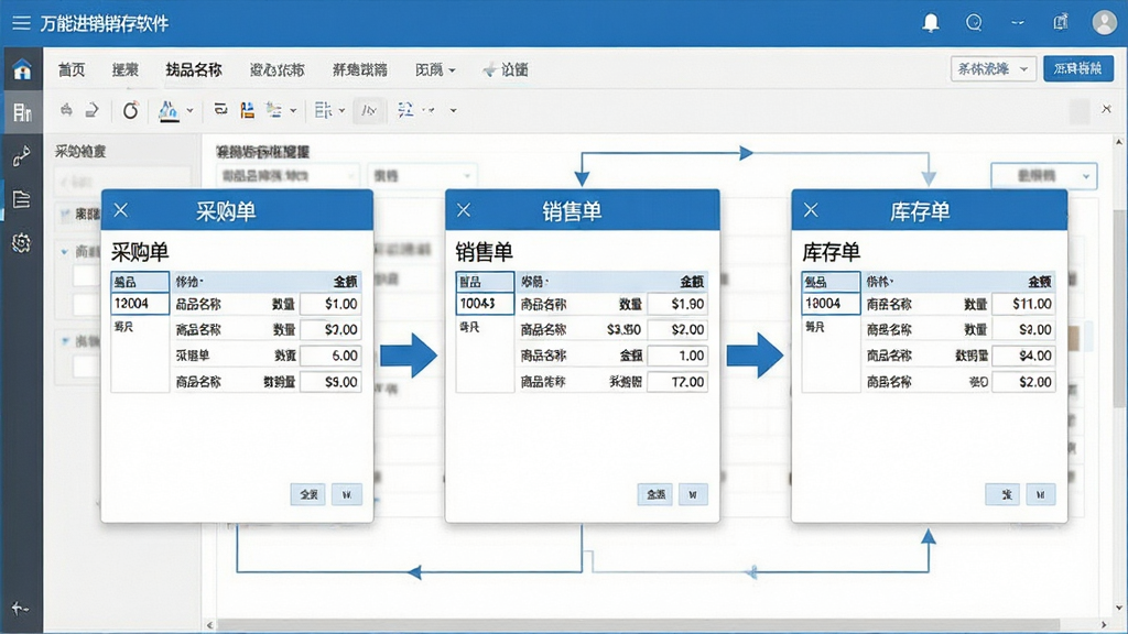 一张展示万能进销存软件进销存一体化管理功能的示意图,画面主体为软件界面中采购单、销售单、库存单三张单据并列展示,单据之间用箭头连接表示数据流转,界面风格为清爽的办公软件风格,蓝白灰配色,细节包含单据编号、商品名称、数量、金额等字段,画质高清,画面干净,无多余元素