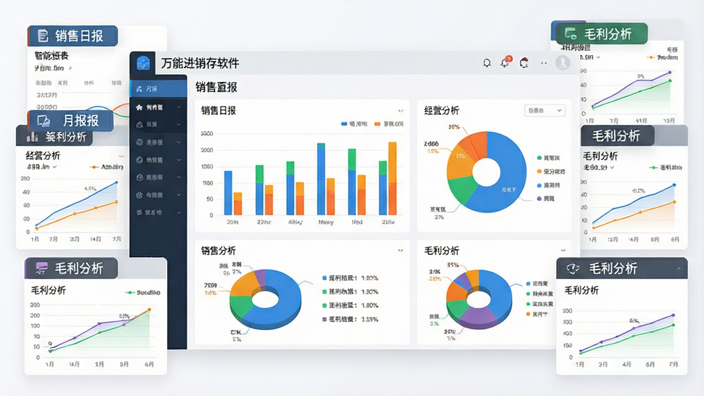 一张展示万能进销存软件智能报表与经营分析功能的图片,画面中央为软件界面中显示柱状图与饼状图的经营数据看板,图表颜色鲜明,周围环绕销售日报、月报、毛利分析等报表标签,风格为现代数据可视化界面,细节包含数据数值、百分比、趋势线,画质高清,画面干净,无多余元素