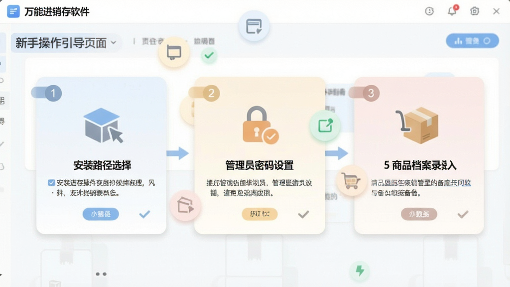 一张展示万能进销存软件新手操作引导页面的图片,画面主体为软件界面中分步骤的操作指引卡片,包含安装路径选择、管理员密码设置、商品档案录入、数据备份等步骤图标,风格为简洁明快的教程风格,配色柔和,细节包含步骤编号、勾选框、提示文字,画质高清,画面干净,无多余元素