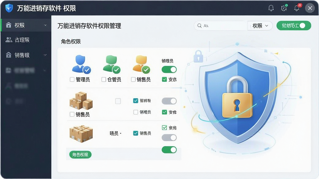 一张展示万能进销存软件权限管理与数据安全功能的图片,画面主体为软件界面中角色权限设置页面,包含管理员、仓管员、销售员等角色图标及对应权限勾选框,背景带有盾牌与锁形安全图标,风格为安全可靠的商务软件界面,细节包含权限列表、开关按钮、角色标签,画质高清,画面干净,无多余元素