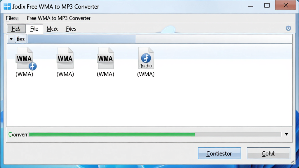 һ�ż���Windows�����������������ͼ��������Jodix Free WMA to MP3 Converter���������ڣ����ְ��������˵������м��ļ��б�����ײ�ת����ť���Ű����������Ϊ��ˬ�Ƽ��磬ϸ�ڰ��������������֡�Jodix Free WMA to MP3 Converter��������WMA��Ƶ�ļ�ͼ�ꡢת�������������ʸ��壬�ɾ����޶���Ԫ��