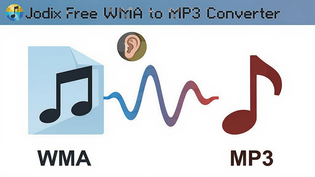 һ����������ĶԱ�ʾ��ͼ�����������WMA��ʽ�������Ҳ�MP3��ʽ����ͨ��һ��ƽ���������ӣ��������ҶԳƣ��Ű��࣬���Ϊ��ƽ���廭�磬ϸ�ڰ��������������֡�Jodix Free WMA to MP3 Converter���������ʱ�ʶ������ͼ�꣬���ʸ��壬�ɾ����޶���Ԫ��