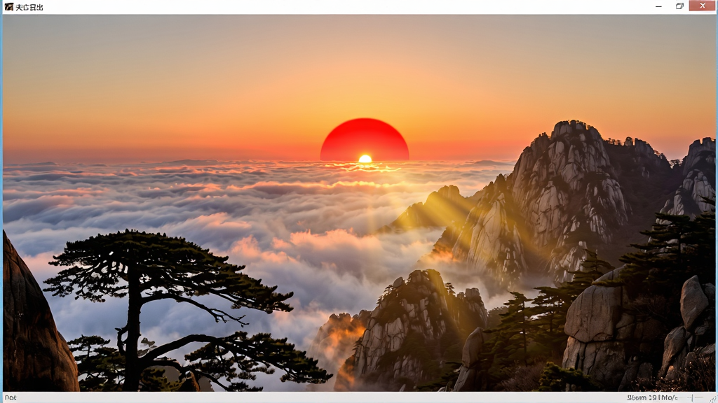 泰山日出屏幕保护软件主界面,画面主体为泰山日出壮丽景观,红日从云海中缓缓升起,金色阳光洒满山峦,前景有松树剪影,布局为全屏居中展示,排版简洁大气,风格为写实风景摄影,细节包括云层纹理、山石质感、光线渐变,画质高清,干净,无多余元素