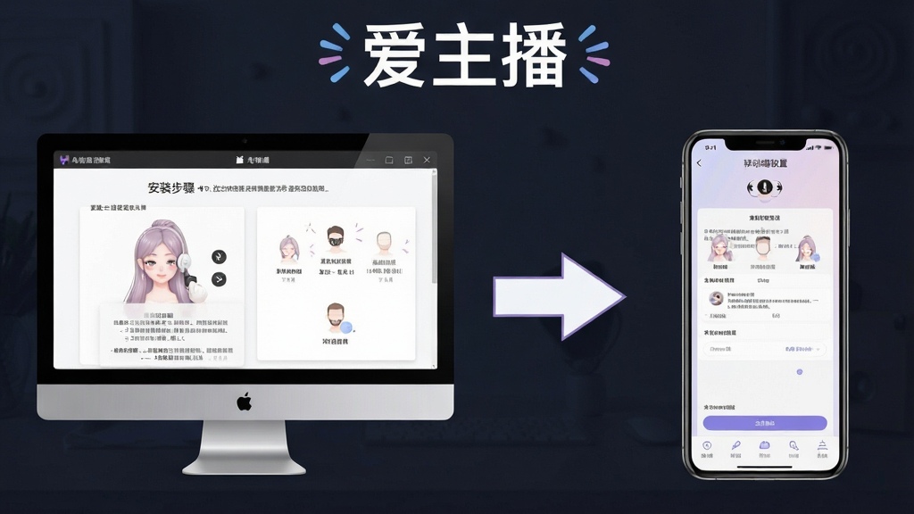 一张展示爱主播使用教程的示意图,画面分为左右两部分,左侧为电脑端安装步骤截图,右侧为移动端权限设置界面,中间有箭头连接,软件名称“爱主播”出现在画面顶部,整体风格清晰易懂,画质干净,无多余元素