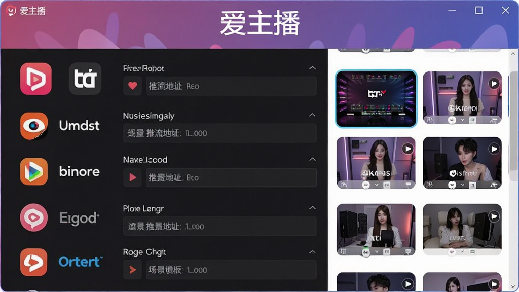 一张展示爱主播多平台推流设置界面的图片,画面中显示多个平台图标和推流地址输入框,旁边有场景模板缩略图,软件名称“爱主播”以标题形式出现在窗口上方,整体风格专业简洁,画质干净,无多余元素