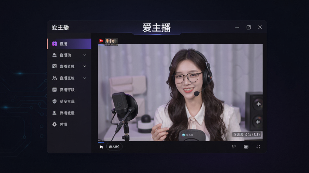 一张展示爱主播软件主界面的全景图,画面中央是软件窗口,左侧为功能导航栏,右侧为直播预览区域,窗口上方有“爱主播”字样,背景为简约的深色渐变,整体风格科技感十足,细节清晰,画质干净,无多余元素