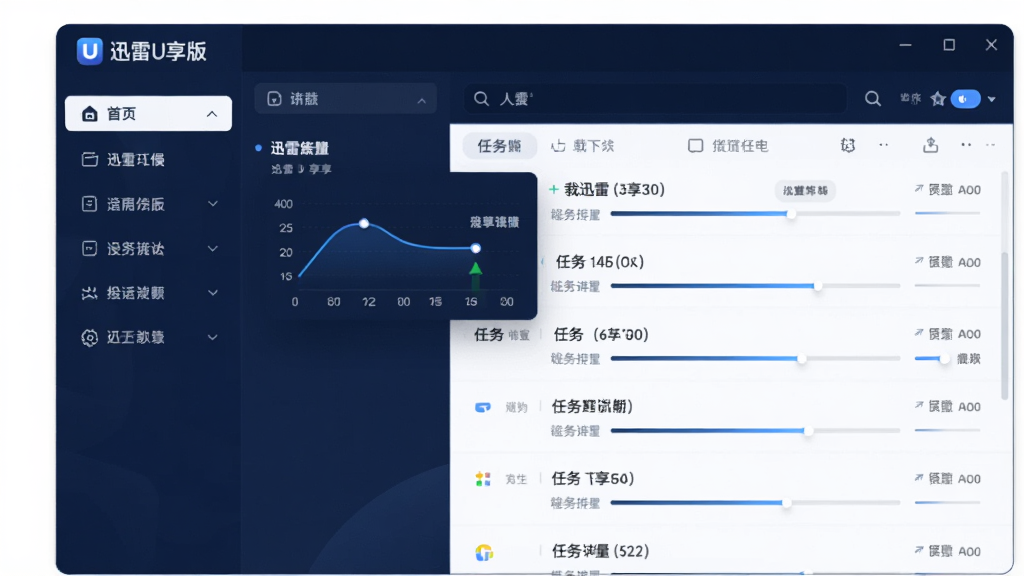 软件界面展示,主体为迅雷U享版主窗口,布局采用极简设计,左侧为功能导航栏,右侧为下载任务列表,界面以深空蓝与纯白为主色调,排版干净利落,风格为现代科技感UI,细节包含悬浮的速度曲线图与任务进度条,画质高清,干净,无多余元素