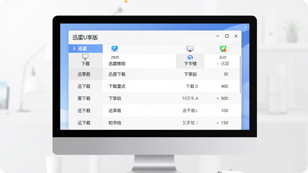 迅雷U享版软件界面特写,主体为一块干净的电脑屏幕,屏幕上显示着迅雷U享版的极简下载列表,布局为居中对称,排版留白充足,风格为扁平化商务风,细节包括清晰的文字标签和简约的图标,画质超清,干净,无多余元素