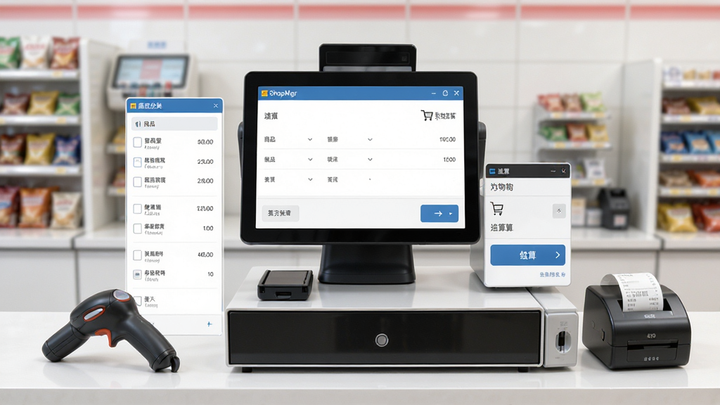MyShopMgr(店铺收银)软件主界面全景展示,画面中央是收银结算窗口,左侧为商品分类列表,右侧为购物车与结算按钮,背景是整洁的便利店收银台环境,布局清晰,排版规整,商务简约风格,细节包含扫码枪、小票打印机等外设,画质高清,画面干净,无多余元素