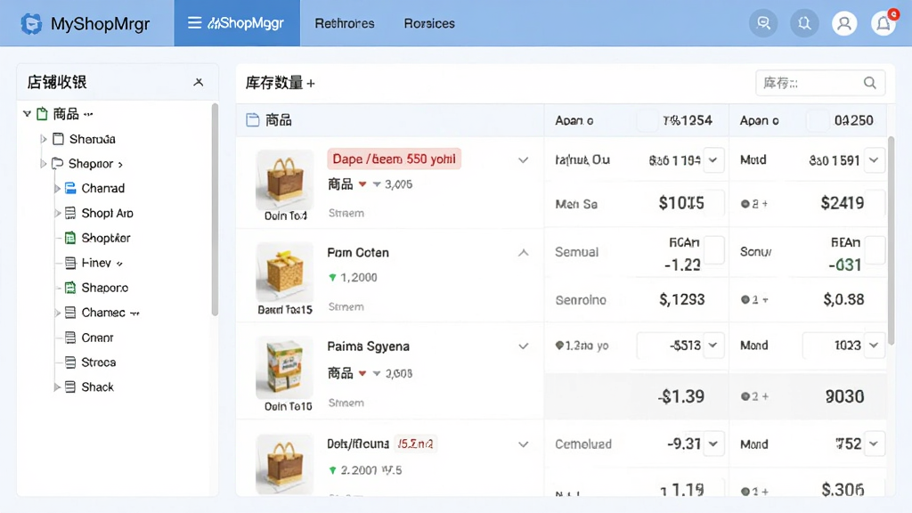 MyShopMgr(店铺收银)商品与库存管理界面,画面展示商品列表与库存数量统计图表,布局为上方导航栏、左侧分类树、右侧库存明细表格,风格为清爽浅色商务,细节包含库存预警标识、商品缩略图、数字统计,画质高清,画面干净,无多余元素