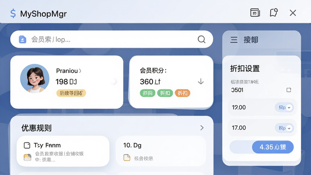 MyShopMgr(店铺收银)会员管理与优惠设置界面,画面主体为会员信息卡片与折扣设置面板,布局采用上下结构,上方为会员搜索栏,下方为优惠规则选项,风格为柔和圆角现代风,细节包含会员头像、积分数字、折扣标签,画质清晰,画面干净,无多余元素