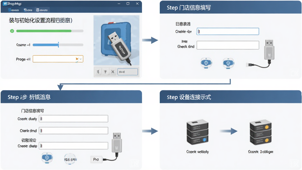 MyShopMgr(店铺收银)电脑端安装与初始化设置流程图,画面展示安装向导窗口、门店信息填写表单与设备连接示意,布局为上下分步结构,风格为扁平化商务,细节包含进度条、输入框、USB设备图标,画质高清,画面干净,无多余元素