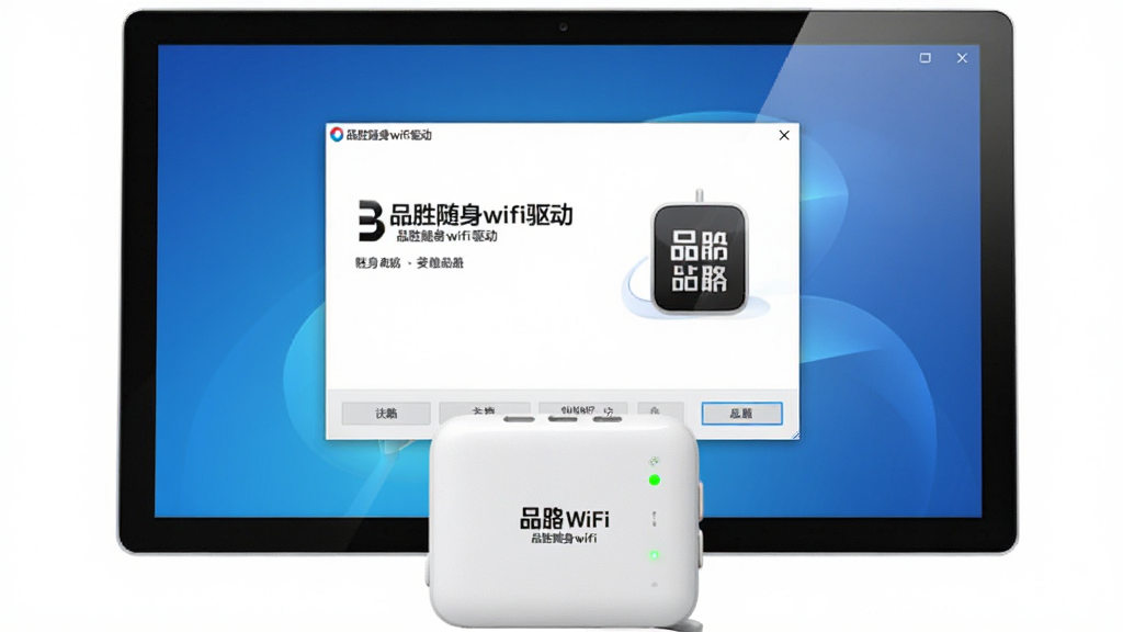 一张展示品胜随身wifi驱动安装界面的图片,画面中央是电脑屏幕,屏幕上显示品胜随身wifi驱动的安装向导窗口,窗口标题写着品胜随身wifi驱动,背景是简洁的蓝色渐变,屏幕前方放置一个白色的品胜随身WiFi设备,设备指示灯亮起,整体布局清晰,风格为写实科技风,细节包括屏幕反光和设备质感,画质高清,干净,无多余元素