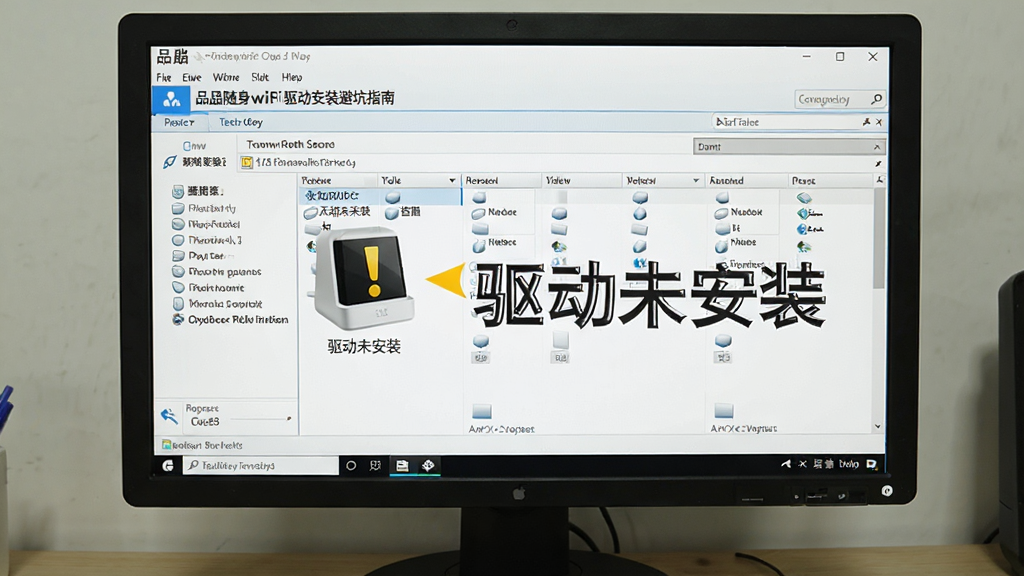 一张展示品胜随身wifi驱动安装避坑指南的图片,画面主体是一台电脑屏幕,屏幕上显示设备管理器界面,其中有一个黄色感叹号的未知设备,旁边有文字标注“驱动未安装”,布局为居中展示,风格为教程图解风,细节包括屏幕菜单和设备列表,画质清晰,干净,无多余元素