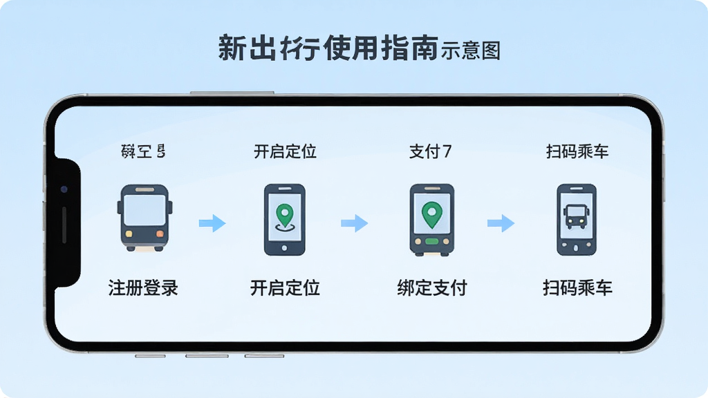 新出行使用指南示意图,画面展示一部手机屏幕,屏幕内分步骤标注注册登录、开启定位、绑定支付、扫码乘车四个操作场景,每个场景用简洁图标表示,背景为浅蓝色渐变,扁平化风格,排版整齐,画质清晰,无多余文字和装饰