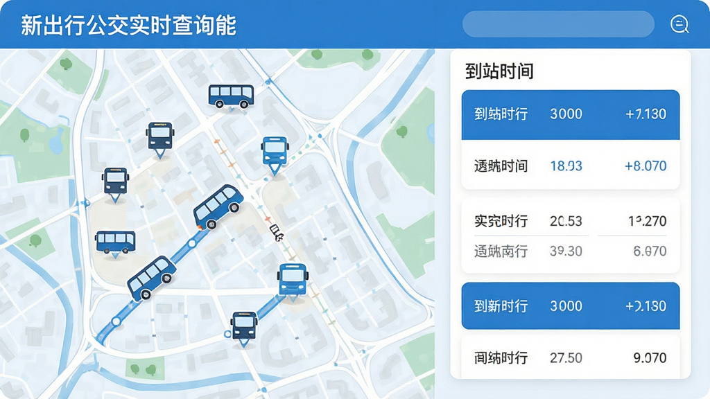 新出行公交实时查询功能展示,画面左侧是一张城市地图,地图上标注公交站点和移动中的公交车图标,右侧是到站时间列表,界面采用卡片式布局,配色以蓝色和白色为主,扁平化设计风格,细节清晰,画质干净,无多余元素