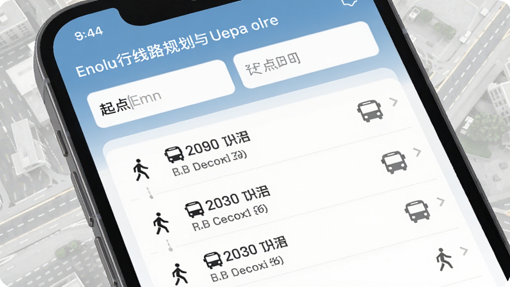 新出行线路规划与换乘功能界面,画面中手机屏幕显示起点终点输入框,下方列出多条换乘方案,每条方案包含步行图标、公交线路编号和预计时间,背景为浅灰色城市道路纹理,整体风格简洁明快,画质清晰,无多余装饰