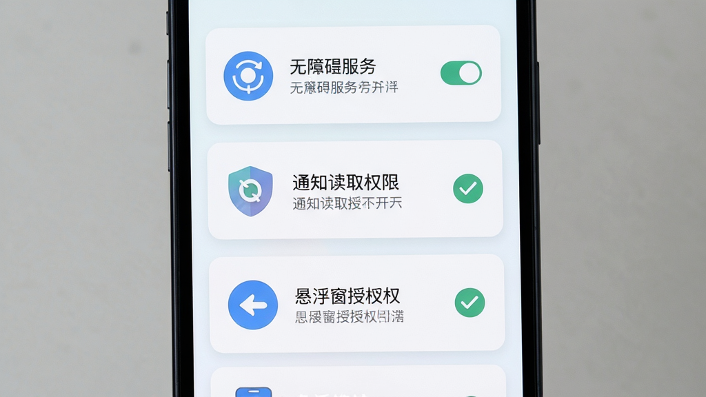 免费手机监控远程管家软件免root授权引导界面,主体为手机屏幕展示权限开启步骤列表,布局为纵向排列的卡片式引导,排版左侧图标右侧文字说明,风格为扁平化清新浅色,细节包含无障碍服务开关、通知读取权限、悬浮窗授权等图标与勾选状态,画质高清干净无多余元素