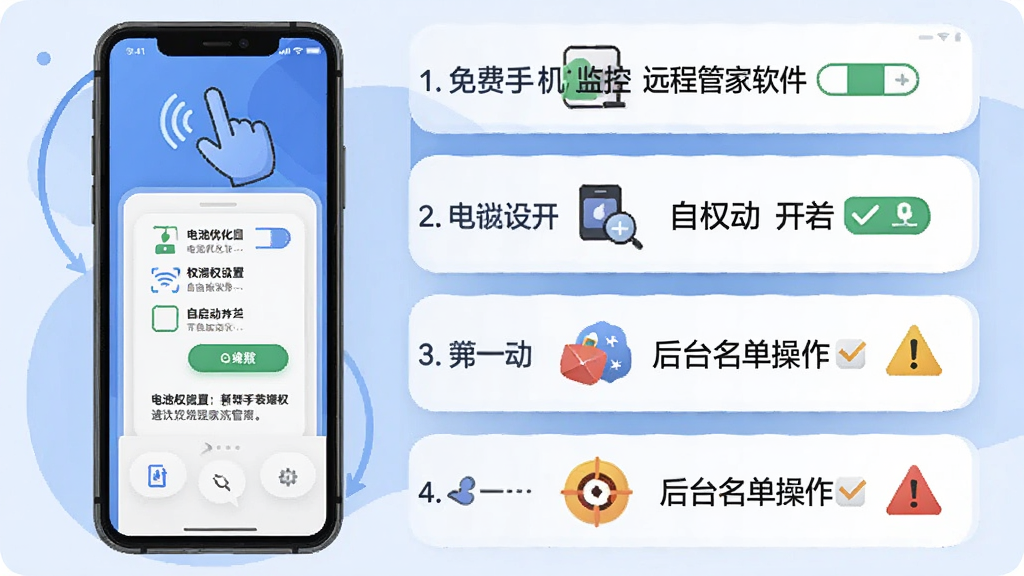 免费手机监控远程管家软件新手安装避坑流程图,主体为手机屏幕展示权限设置与后台白名单操作步骤,布局为纵向步骤条形式,排版每步配图标与简短文字,风格为扁平化教程插画风,细节包含电池优化开关、自启动按钮、权限勾选与警告标识,画质高清干净无多余元素