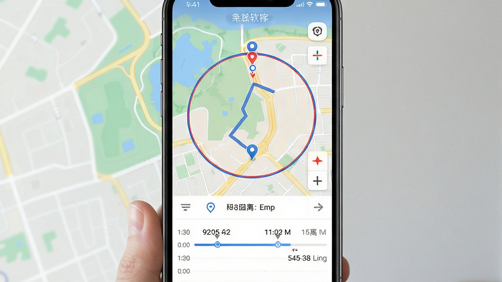 免费手机监控远程管家软件定位轨迹与地理围栏界面,主体为手机屏幕显示地图轨迹线与围栏圆形区域,布局上方为地图下方为时间轴记录,排版清晰层次分明,风格为地图导航类清爽配色,细节包含定位标记点、围栏边界线、时间戳与距离数值,画质高清干净无多余元素