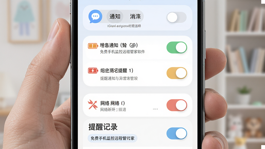 免费手机监控远程管家软件消息通知与异常提醒设置界面,主体为手机屏幕展示通知开关列表与提醒记录,布局为上下结构上方为应用选择下方为历史提醒,排版整齐列表化,风格为柔和圆角浅色,细节包含消息气泡图标、电量警告标识、网络断开提示与开关按钮,画质高清干净无多余元素