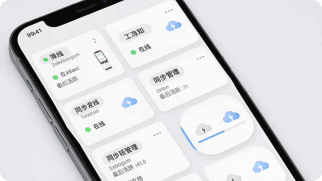免费手机监控远程管家软件多设备管理与云端同步界面,主体为手机屏幕展示设备卡片列表与云端同步进度条,布局为网格状卡片排列,排版错落有致,风格为简约商务浅灰质感,细节包含设备名称、在线状态圆点、同步云朵图标与最后活跃时间,画质高清干净无多余元素